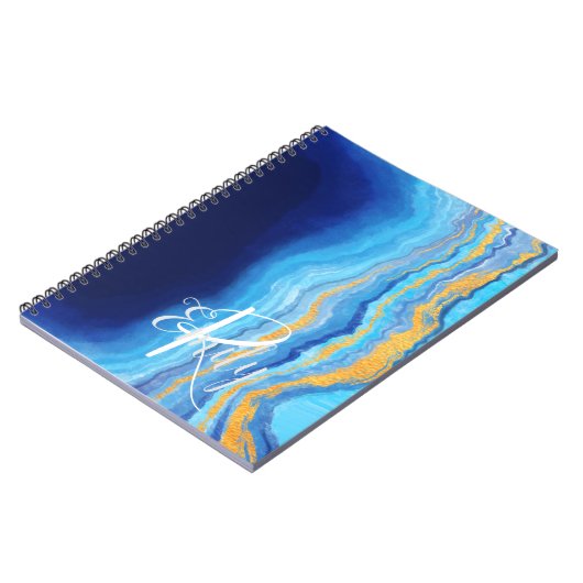 Carnet Turquoise et bleu Agate Marbre Nom Abstrait Monogr (Côté gauche)