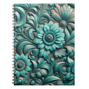 Carnet Turquoise Floral motif en cuir Turquoise Sarcelle