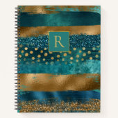Carnet Turquoise moderne, pinceaux dorés et monogramme (Devant)