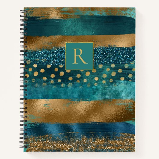 Carnet Turquoise moderne, pinceaux dorés et monogramme (Devant)