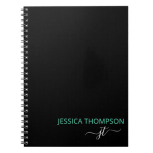 Carnet Turquoise Noir Simple Script Monogramme Nom