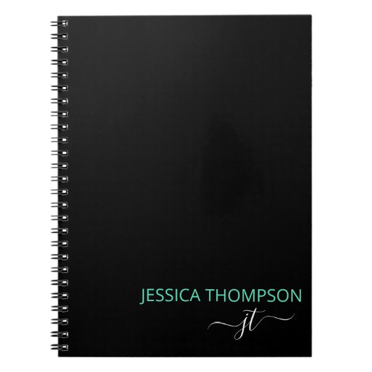 Carnet Turquoise Noir Simple Script Monogramme Nom (Devant)
