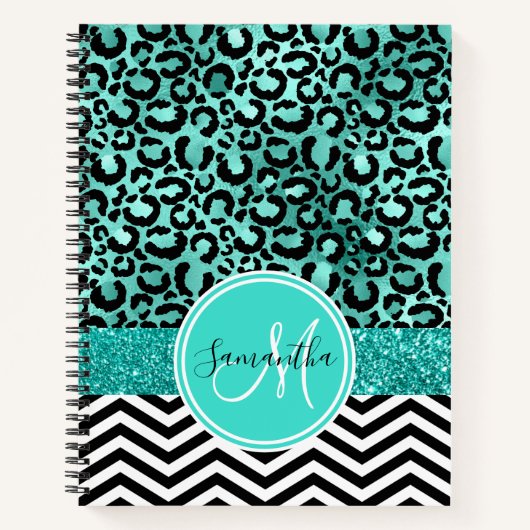 Carnet Turquoise sarcelle faux paillettes imprimé léopard (Devant)