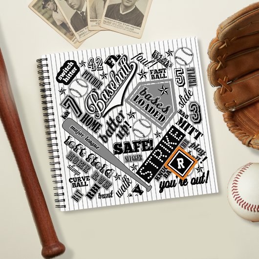 Carnet Typographie de baseball rayures noires et blanches