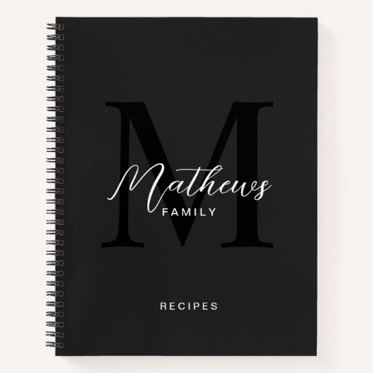 Carnet Typographie noir moderne Monogramme Recette (Devant)