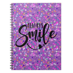 Carnet Typographie Toujours Sourire Faux Paillettes Viole