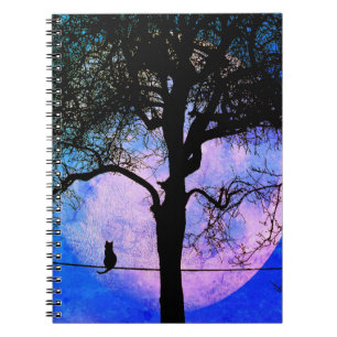 Carnet Un chat noir sur un fil pleine lune