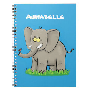 Carnet Un joli éléphant drôle avec un oiseau sur le tronc
