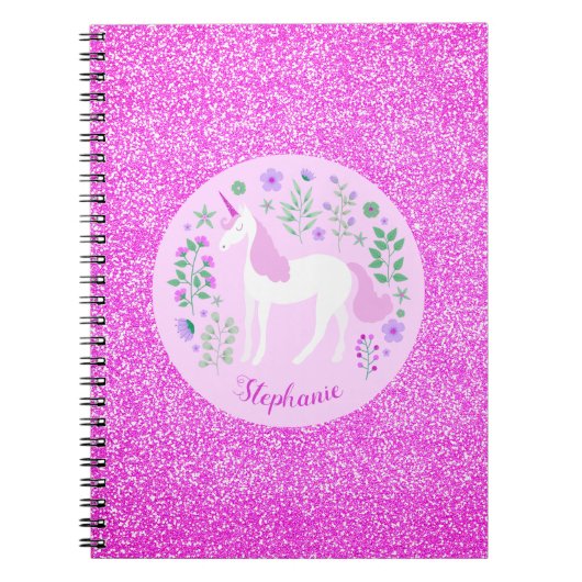 Carnet Unicorn Parties scintillant rose Nom personnalisé (Devant)