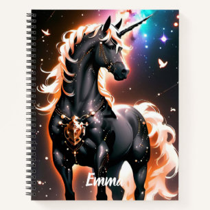 Carnet Unicorne Noire avec Gold Mane Nom Personnalisé Scr