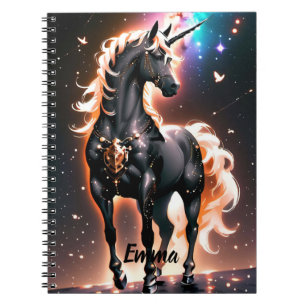 Carnet Unicorne Noire avec Gold Mane Nom Personnalisé Scr
