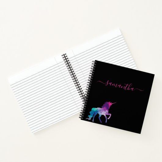 Carnet Unicorne violet rose noir script monogramme (Intérieur)