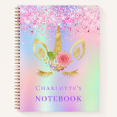 Carnet Unicorne visage rose violet fille holographique (Devant)
