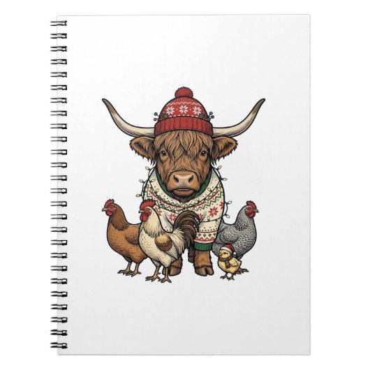 Carnet Vache des Highlands et poulets de Noël Gravure vin (Devant)
