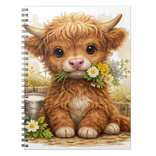 Carnet Vache des Highlands mignonne avec des fleurs Cotta