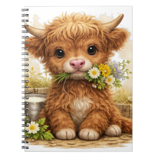 Carnet Vache des Highlands mignonne avec des fleurs Cotta