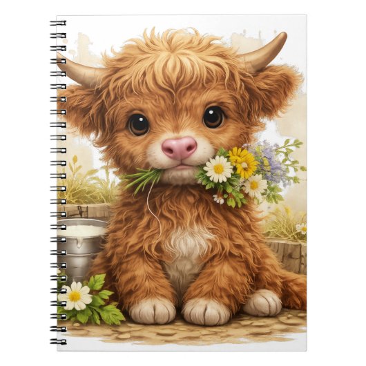 Carnet Vache des Highlands mignonne avec des fleurs Cotta (Devant)