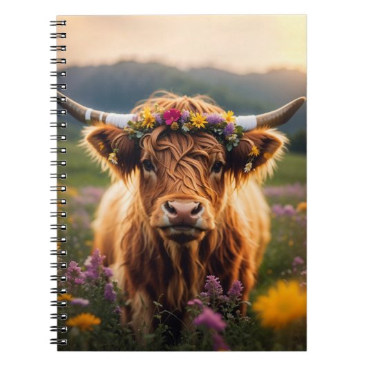 Carnet Vache Highland Avec Couronne Fleur Colorée (Devant)