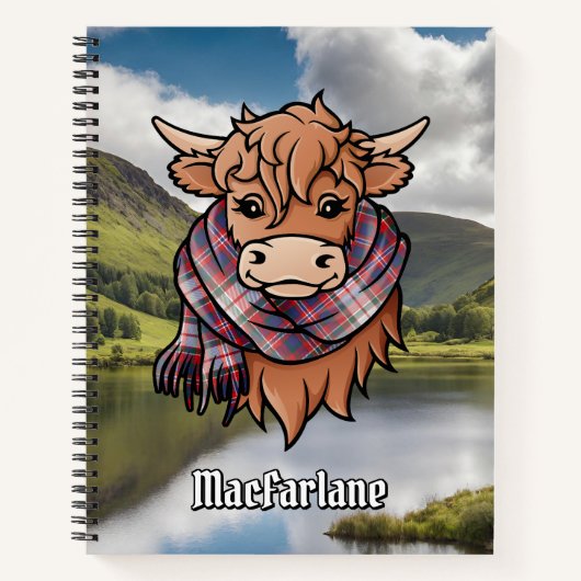 Carnet Vache Highland avec robe MacFarlane Écharpe Tartan (Devant)