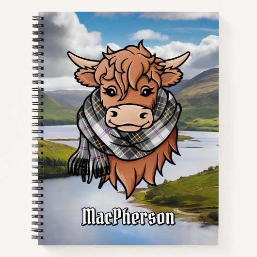 Carnet Vache Highland avec robe MacPherson Écharpe Tartan (Devant)