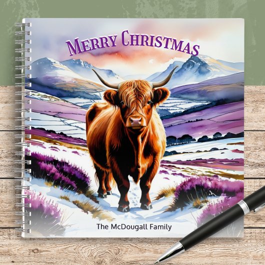 Carnet Vache Highland dans l'aquarelle de neige