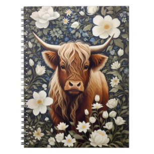 Carnet Vache Highland Élégant Blanc Floral
