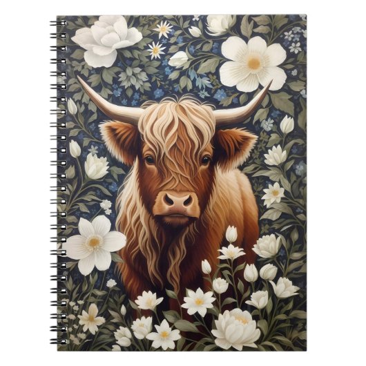 Carnet Vache Highland Élégant Blanc Floral (Devant)