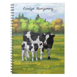 Carnet Vache Holstein et veau mignon en pâturage d'été