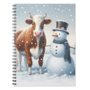 Carnet Vache mignonne et bonhomme de neige dans le champ