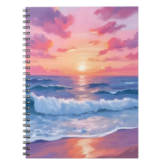 Carnet Vagues océaniques roses Coucher de soleil Aquarell (Devant)
