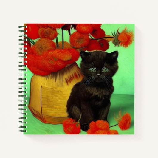 Carnet Van Gogh Black Kitten Fleurs rouges (Devant)