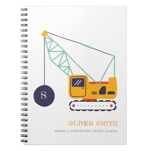 Carnet Véhicule de grue de construction jaune Monogrammes (Devant)