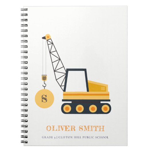 Carnet Véhicule de grue de construction jaune Monogrammes (Devant)