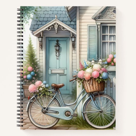 Carnet Vélo de chalet bleu avec panier à fleurs de printe (Devant)