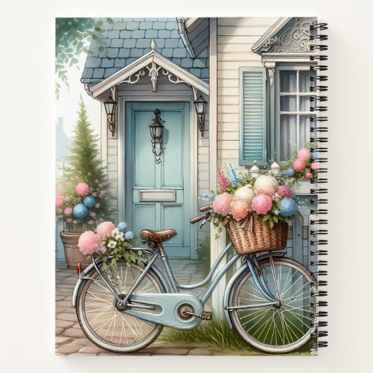 Carnet Vélo de chalet bleu avec panier à fleurs de printe (Dos)