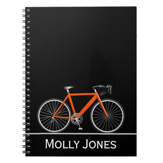 Carnet Vélo orange avec nom sur noir (Devant)