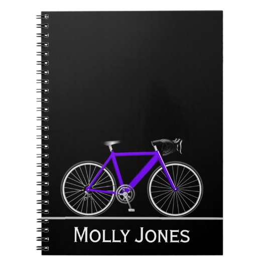 Carnet Vélo violet avec nom sur noir (Devant)