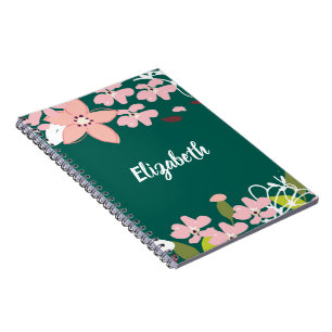 Carnet Vert avec fleurs roses Personnalisé