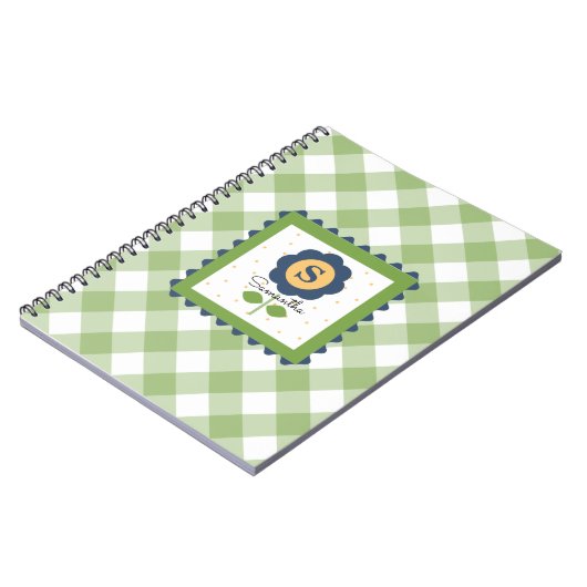 Carnet Vert Bleu Floral Gingham Monogrammé (Côté gauche)