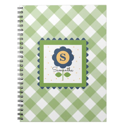 Carnet Vert Bleu Floral Gingham Monogrammé (Devant)