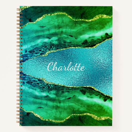 Carnet Vert émeraude agate bille nom script (Devant)