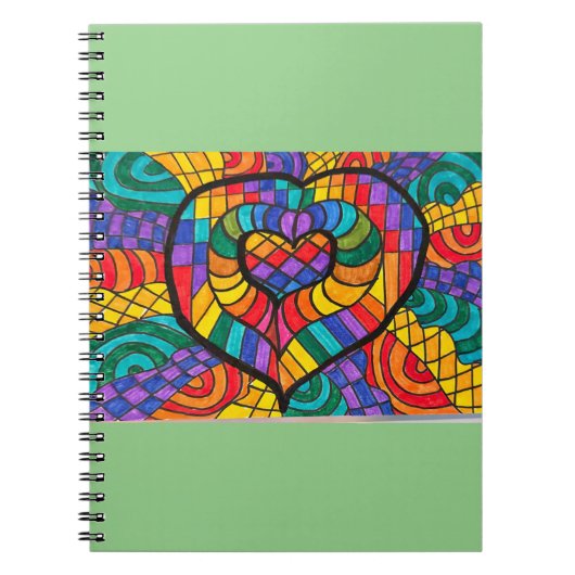 Carnet vert menthe avec coeur multicolore (Devant)