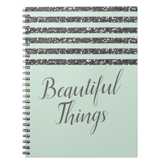 Carnet Vert Menthe et Rayures de Paillettes Argentées Bri (Devant)