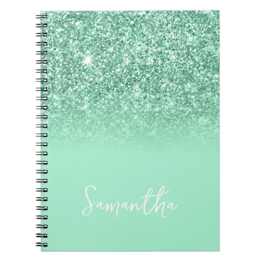 Carnet Vert Menthe Paillettes Ombré Nom (Devant)
