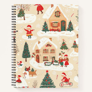 Carnet Village de Noël Rouge Vert Motif Beige enneigé