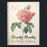 Carnet Vintage Blooming Rose 80th Birthday Guest Book<br><div class="desc">Boutique d'invité personnalisable 80e anniversaire en spirale avec Aquarelles botaniques Vintages d'une rose rouge douce florissante par Pierre-Joseph Redouté. Vous pouvez facilement modifier le texte (couleur, police, taille et position) en cliquant sur le bouton Personnaliser ou customiser. Invitation d'anniversaire, ballotin d'anniversaire, fournitures de fête (plaque de papier et serviette), coussin...</div>