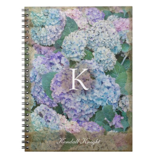 Carnet Vintage Blue Hydrangea Floral Monogramme Nom (Devant)
