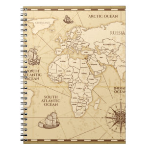 Carnet Vintage carte du monde antique avec frontières pay