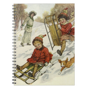 Carnet Vintage Christmas, Victorian Children Sledding Dog
