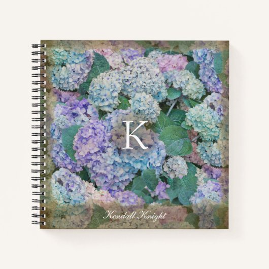 Carnet Vintage Lavande Bleu Hydrangée Floral Monogramme (Devant)